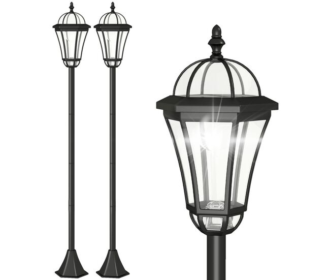 Outsunny 2 candeeiros solares de jardim com 2 luzes led branca impermeável ip44 ligação automática conjunto de 2 candeeiros de exterior para caminho