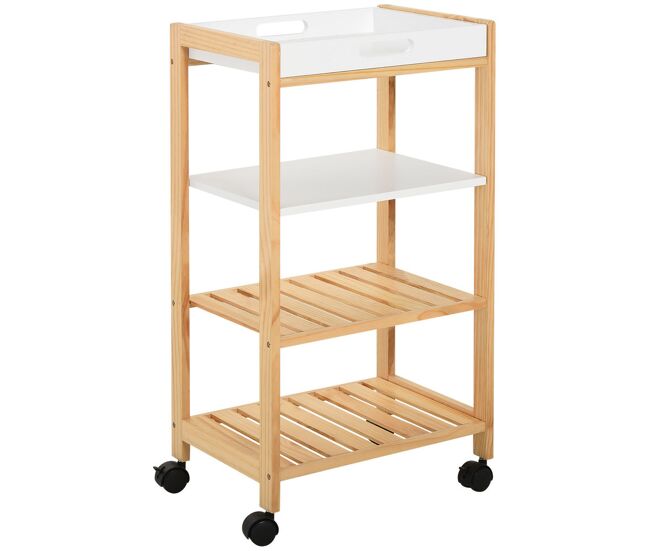 Homcom carrinho de cozinha carrinho de serviço doméstico de 4 niveis com bandeja removível prateleira universal de rodas 40x30x76cm madeira branca