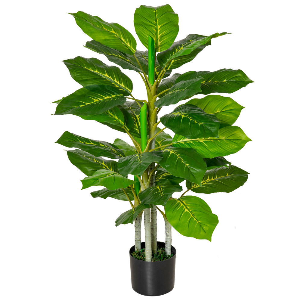 Homcom planta artificial de 95cm com 33 folhas realistas em vaso de cimento planta imitação folha perene interior e exterior para decoração verde