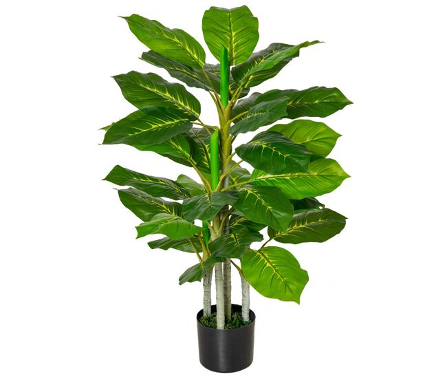 Homcom planta artificial de 95cm com 33 folhas realistas em vaso de cimento planta imitação folha perene interior e exterior para decoração verde