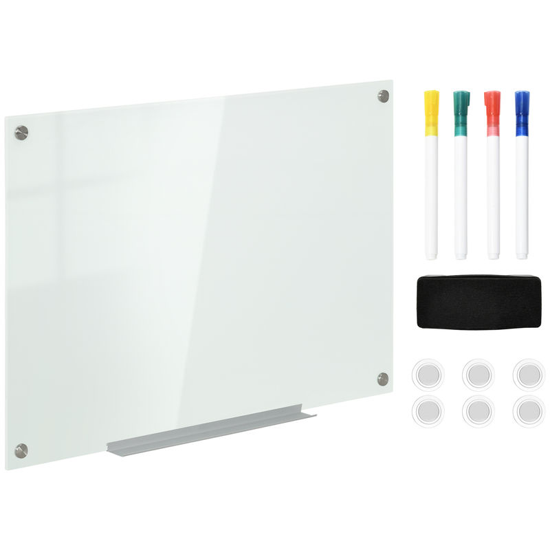 Vinsetto placa de vidro magnético com bandeja quadro de parede sem moldura inclui 4 marcadores e borracha 90x60x0,45 cm blanc