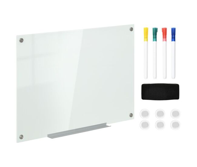 Vinsetto placa de vidro magnético com bandeja quadro de parede sem moldura inclui 4 marcadores e borracha 90x60x0,45 cm blanc