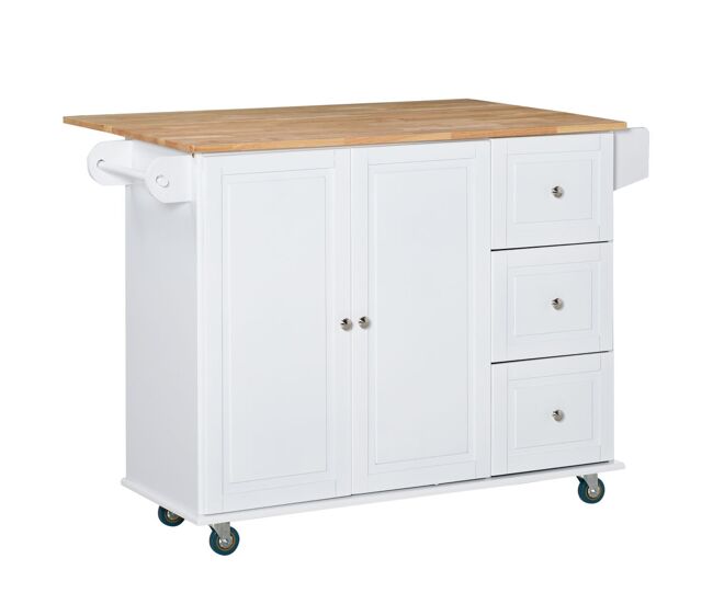 Homcom carrinho de cozinha com rodas carrinho de cozinha com bancada rebatível 3 gavetas 1 armário com prateleira interior ajustável e suporte para