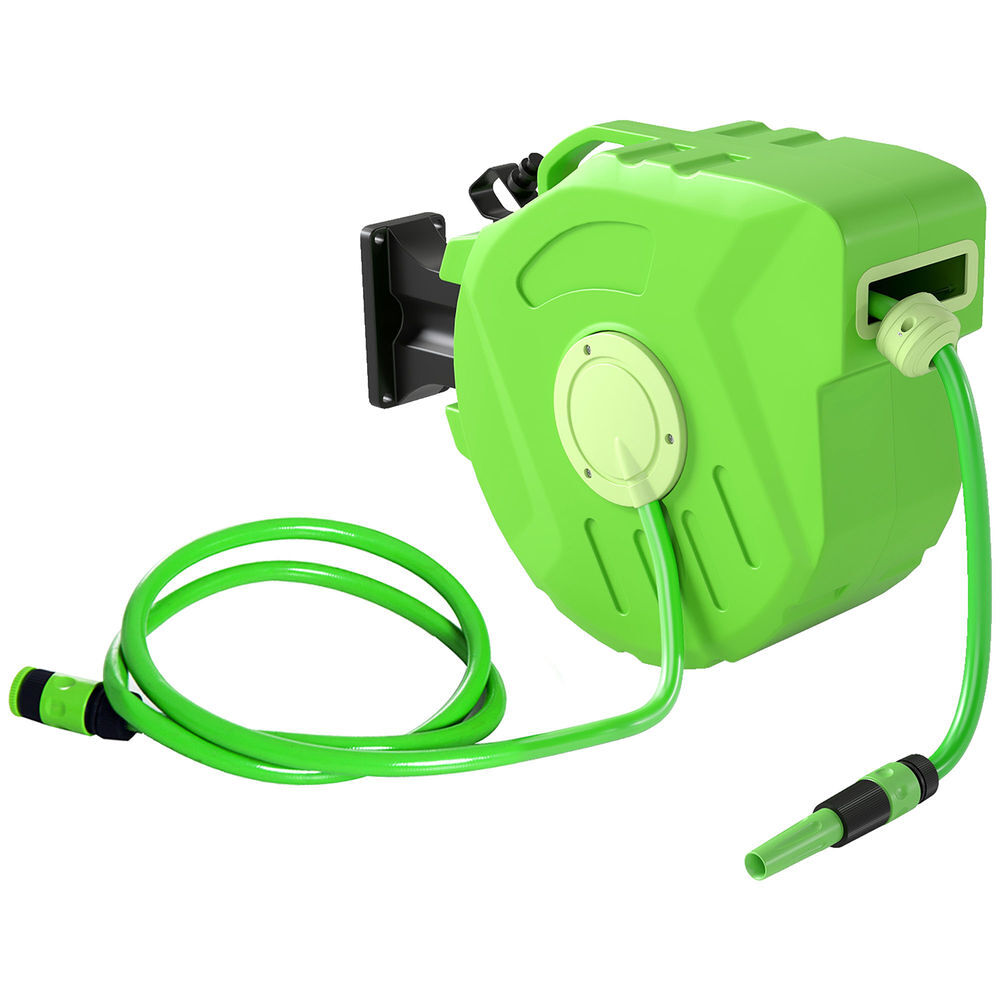 Outsunny carretel para mangueira 15m+1,5m enrolador de mangueira montado na parede enrolador automático 180o giratório 47,5x15,5x35,5cm verde
