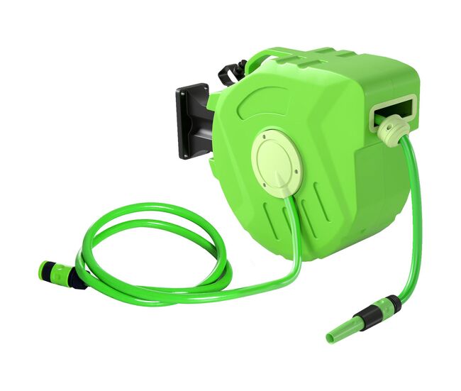Outsunny carretel para mangueira 15m+1,5m enrolador de mangueira montado na parede enrolador automático 180o giratório 47,5x15,5x35,5cm verde