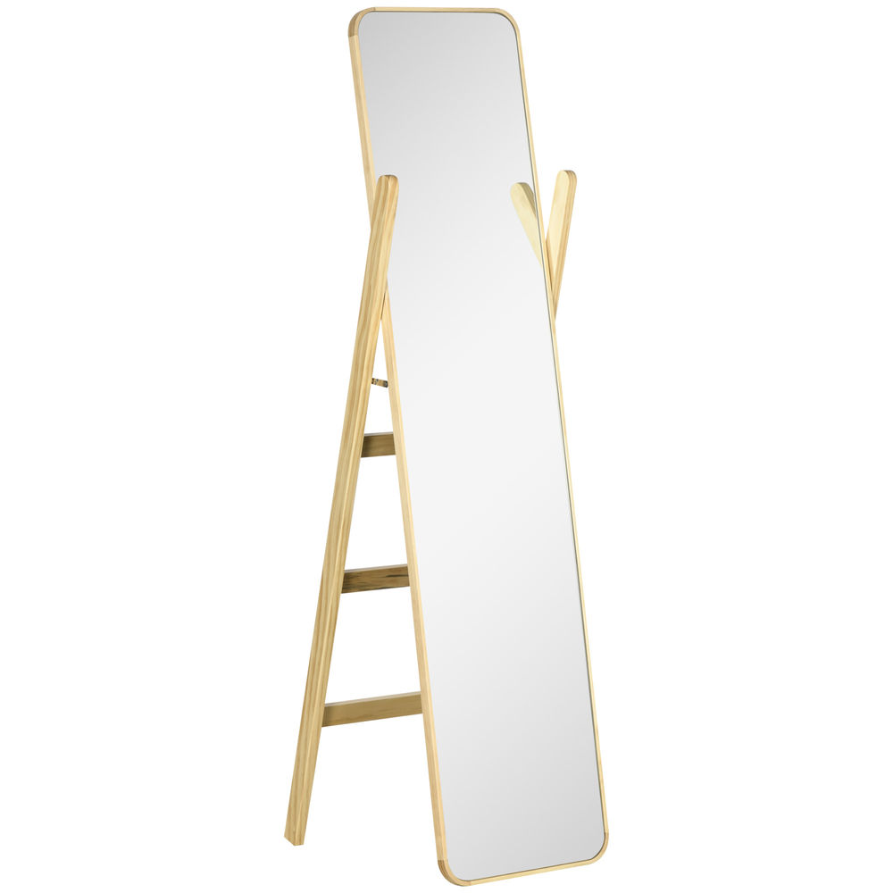 Homcom espelho de pé com cabideiro espelho de corpo inteiro 40x35x147 cm com estrutura de madeira para sala, quarto ou entrada natural