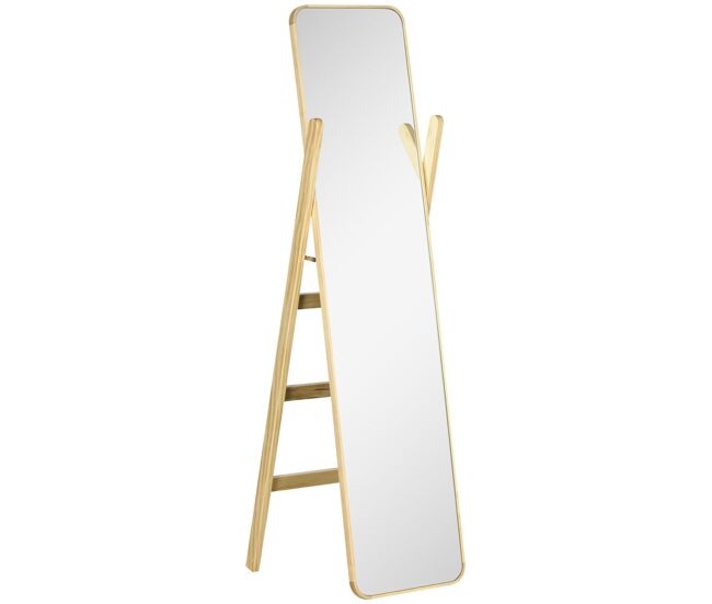 Homcom espelho de pé com cabideiro espelho de corpo inteiro 40x35x147 cm com estrutura de madeira para sala, quarto ou entrada natural