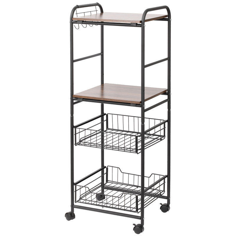 Homcom carro de cozinha com rodas carrinho auxiliar de armazenamento com 2 prateleiras 2 cestas removíveis 4 ganchos 40x38x111cm nogueira e preto