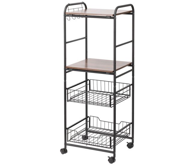 Homcom carro de cozinha com rodas carrinho auxiliar de armazenamento com 2 prateleiras 2 cestas removíveis 4 ganchos 40x38x111cm nogueira e preto