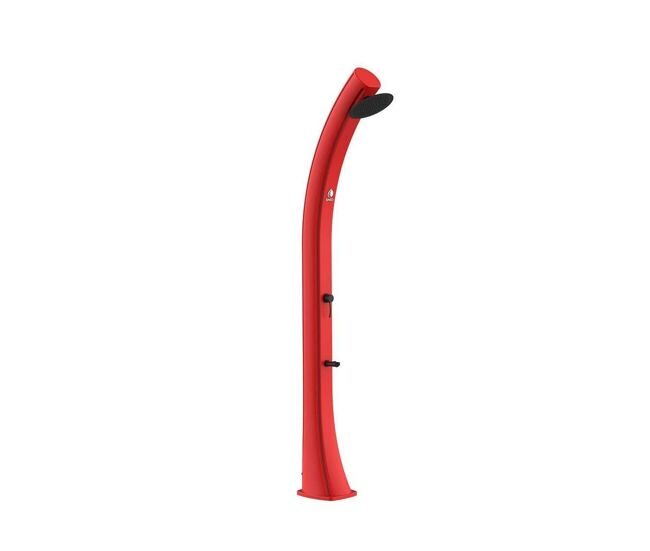 Chuveiro solar vermelho, estrutura curva em polietileno hd para jardim e piscina altura 226,6 cm diâmetro do chuveiro redondo 20 cm diâmetro do tanque