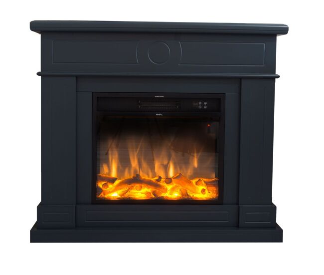 Lareira eléctrica completa com inserto eléctrico com efeito de chama super-realista 1500 w e envolvente de madeira mdf cinzenta escura. lareira de