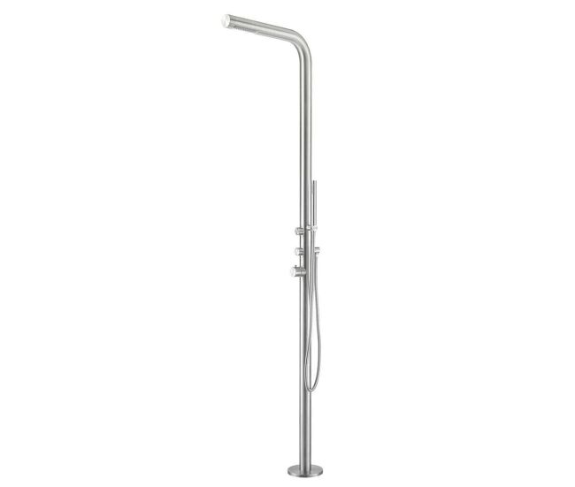 Chuveiro de exterior budoni em aço inoxidável satin chuveiro de jardim com misturador de entrada de água quente e fria e corpo de chuveiro manual e
