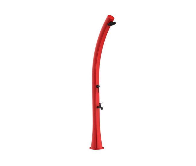 Duche de aquecimento solar vermelho modelo rio. estrutura curva em polietileno hd, ideal para jardim, piscina e actividades ao ar livre. altura 226 cm