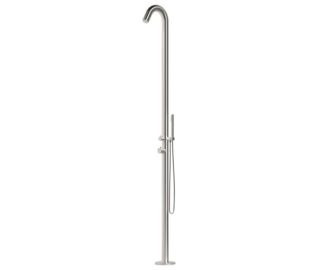 Chuveiro exterior em aço inoxidável acetinado alghero com misturadora e chuveiro manual de 6 cm de diâmetro corpo do chuveiro e acessórios em aço