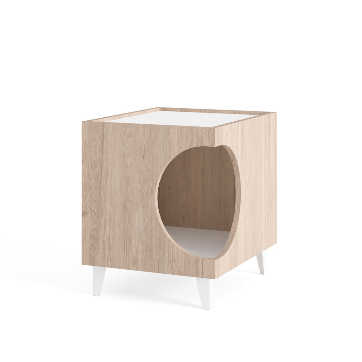 Mesa animal ellie - mesa de cabeceira para animais - carvalho/blanc, orifício de entrada lateral, 1 porta. para caixa de areia - sala de estar e quarto de banho.