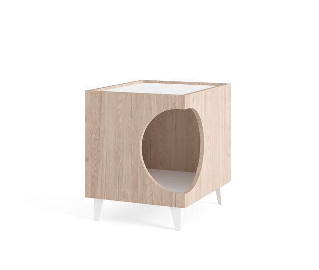 Mesa animal ellie - mesa de cabeceira para animais - carvalho/blanc, orifício de entrada lateral, 1 porta. para caixa de areia - sala de estar e quarto de banho.