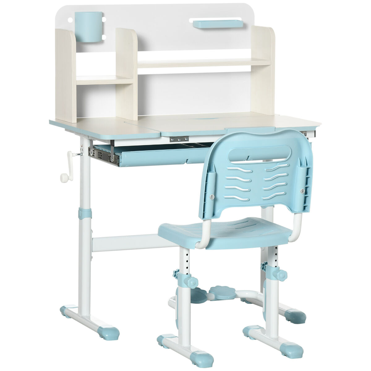 Homcom conjunto de secretária e cadeira para crianças acima de 3 anos com altura ajustável secretária infantil com bancada inclinável gaveta e prateleira para livros 80x52x88x109cm e 35,5x44,5x66-80cm azul