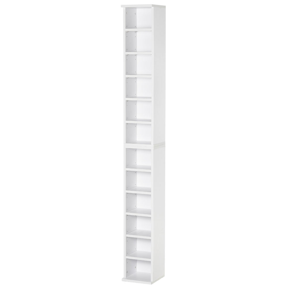 Homcom conjunto de 2 estantes para cds e dvds, suportes para cds compactos com 12 compartimentos, prateleiras ajustáveis, estantes para sala, escritório, 21x22,5x88,5 cm, branco