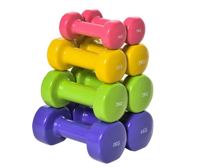 Homcom jogo de 8 halteres hexagonais 4 pares 4kg 3kg 2kg 1kg com revestimento pesos para exercícios em casa academia aço multicolor