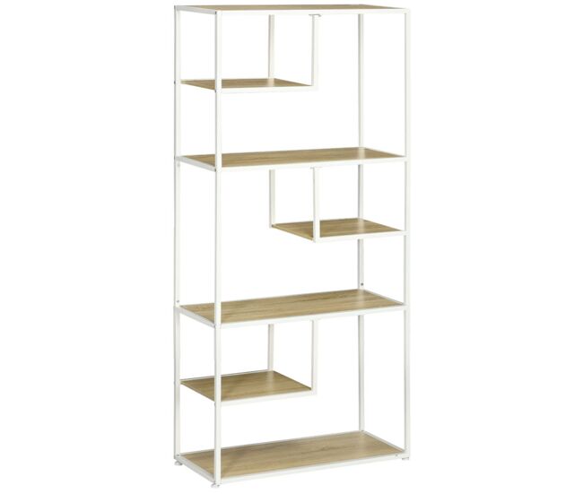 Homcom estante de armazenamento estante para livros com estrutura de aço para escritório sala de estar estúdio 83x34x180cm carvalho e branco