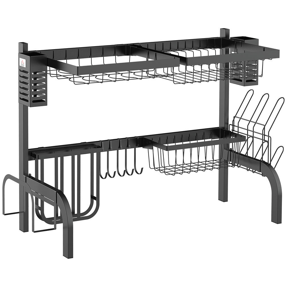 Homcom escorredor de louça de aço escorredor de pratos de 2 níveis com suporte para tábua suporte para talheres e 5 ganchos 65x31,5x52,5cm preto