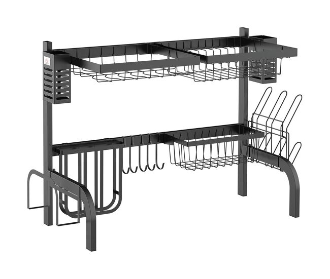 Homcom escorredor de louça de aço escorredor de pratos de 2 níveis com suporte para tábua suporte para talheres e 5 ganchos 65x31,5x52,5cm preto