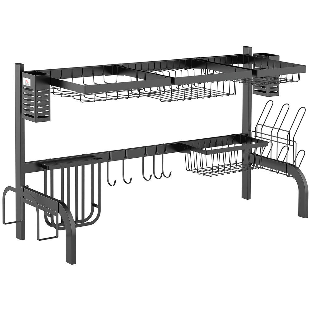Homcom escorredor de louça de aço escorredor de pratos de 2 níveis com prateleira para pratos suporte para facas e talheres 100x30x52,5cm preto
