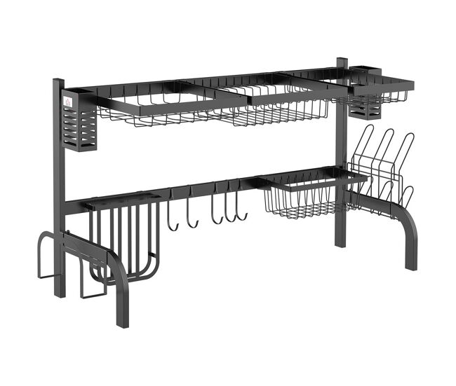 Homcom escorredor de louça de aço escorredor de pratos de 2 níveis com prateleira para pratos suporte para facas e talheres 100x30x52,5cm preto