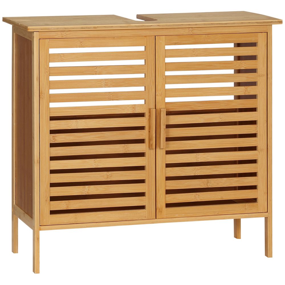 Kleankin móvel para lavatório pousar de bambu com 2 portas armário casa de banho de chão 66x29x61,5cm madeira