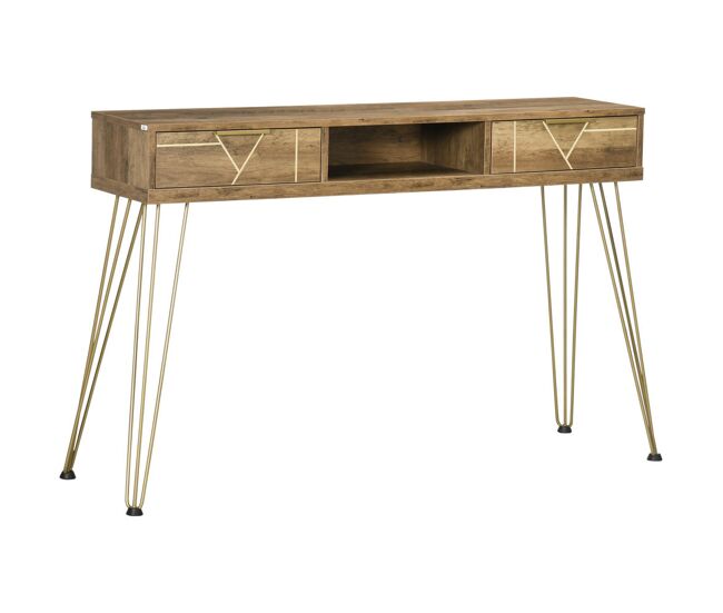 Homcom consola móvel de entrada com 2 gavetas prateleira aberta e pés de aço para sala de estar corredor estilo moderno 120x29x79cm madeira e bronze