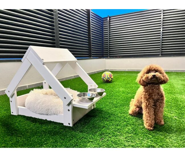 Casa de cão interior e exterior, cor branco, cama de madeira natural fsc para cães e gatos pequenos e médios, 2 suportes para tigelas. 76x44x55cm