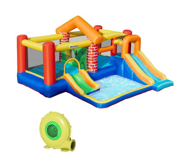 Outsunny castelo insuflável com 2 escorregas 2 trampolins e piscina para crianças acima de 3 anos inclui inflador e bolsa de transporte para interior
