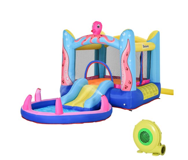 Outsunny castelo insuflável com escorrega trampolim e piscina para crianças acima de 3 anos inclui insuflador e bolsa de transporte para interior e