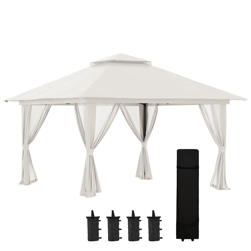 Outsunny tenda dobrável pop-up 3,92x3,92x2,83m tenda de jardim com altura ajustável proteção uv50+ teto duplo rede mosquiteira e bolsa de transporte com rodas para festas campismo bege