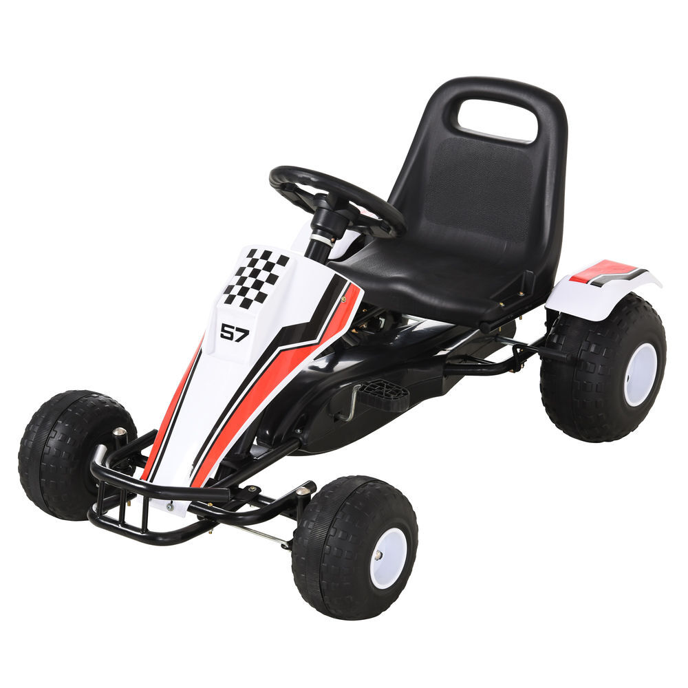 Homcom go kart a pedais para enfants acima de 3 anos carro de pedais infantil com assento ajustável e freio de mão 104x66x57cm blanc e noir