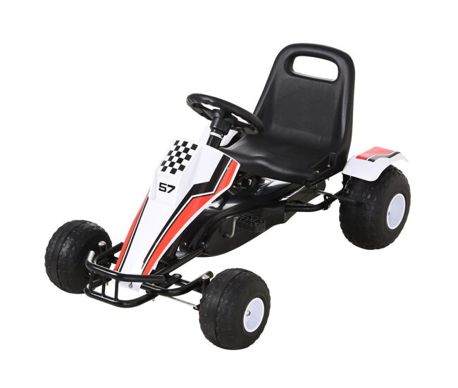 Homcom go kart a pedais para enfants acima de 3 anos carro de pedais infantil com assento ajustável e freio de mão 104x66x57cm blanc e noir