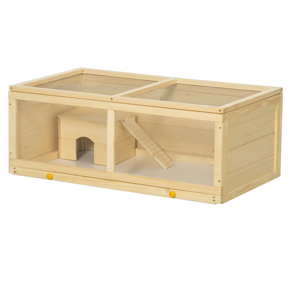 Pawhut gaiola para hamster de madeira 100x58x38cm casa para roedores com tampa abatível painel de acrílico bandeja amovível e casa para coelhos
