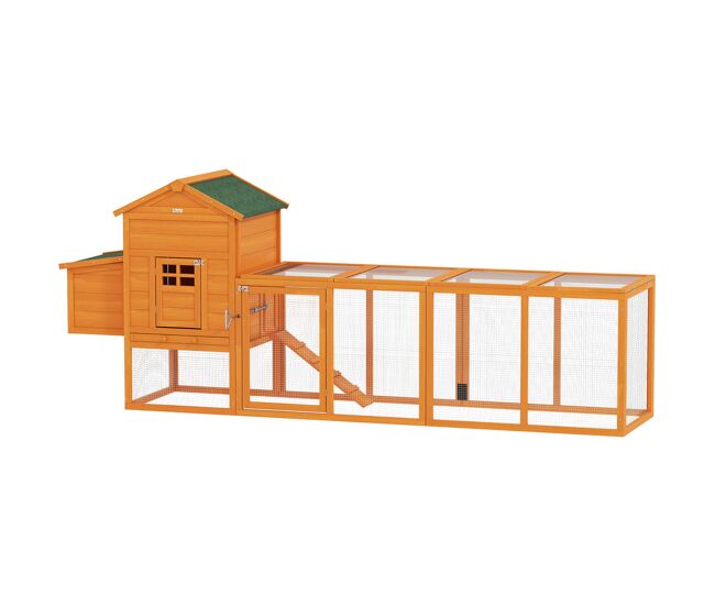 Pawhut galinheiro grande para exterior em madeira, 297,5x68x118 cm para 3-6 galinhas, galinheiro com ninho, corral, bandeja removível, telhado