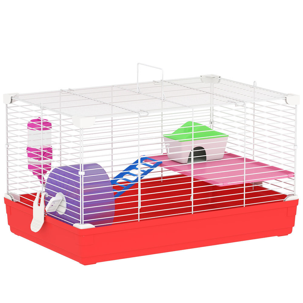 Pawhut gaiola para hamster, casa para roedores pequenos com roda de exercício, comedouro, bebedouro, casinha, rampas, plataforma, bandeja removível,