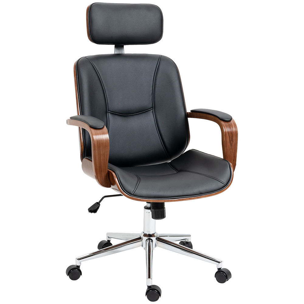 Vinsetto cadeira de escritório operativa de couro pu com apoio para a cabeça amovível altura ajustável 63x62x110-120cm noir e madeira