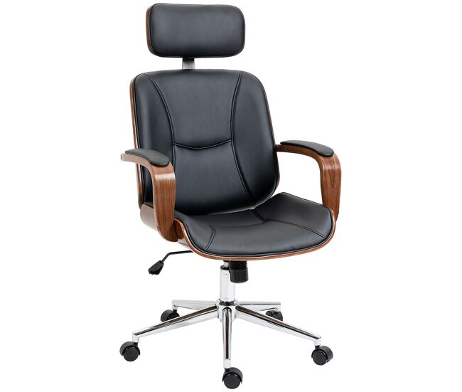 Vinsetto cadeira de escritório operativa de couro pu com apoio para a cabeça amovível altura ajustável 63x62x110-120cm noir e madeira