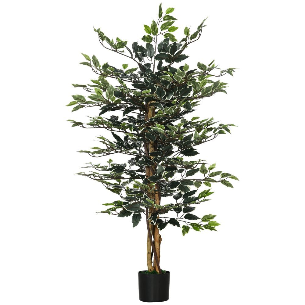 Homcom ficus artificial com troncos 130 cm planta artificial com vaso e 702 folhas realistas para decoração de sala de estar dormitório ø15x130 cm verde