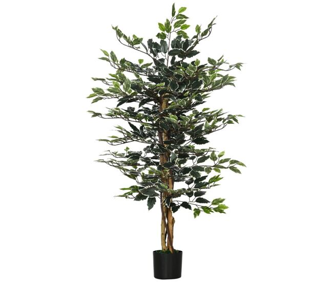 Homcom ficus artificial com troncos 130 cm planta artificial com vaso e 702 folhas realistas para decoração de sala de estar dormitório ø15x130 cm verde