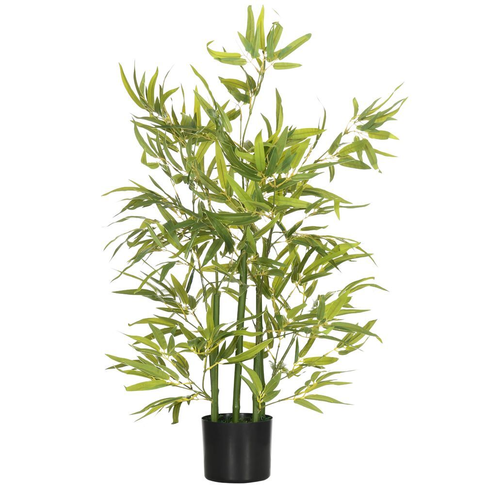 Homcom planta artificial de bambu com vaso 90cm bambu artificial com 504 folhas realistas decoração para sala de estar exterior ø15x90 cm verde