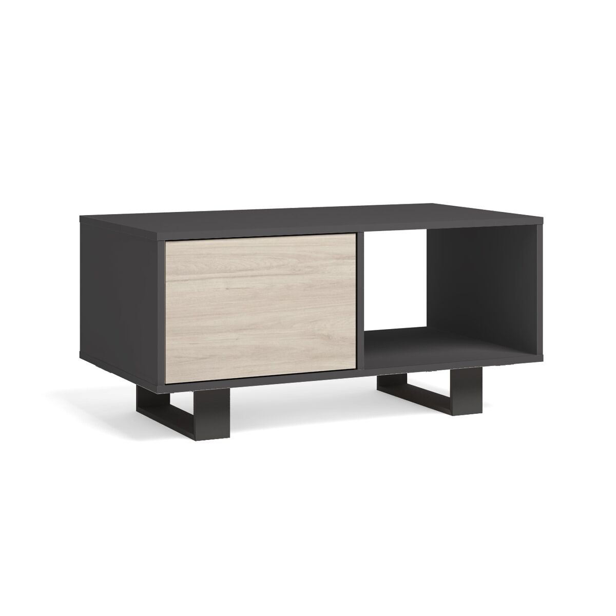 Mesa de café com portas, sala de jantar, modelo wind, cor cinzento antracite e carvalho, 92x50x45cm