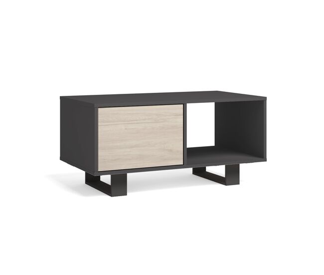 Mesa de café com portas, sala de jantar, modelo wind, cor cinzento antracite e carvalho, 92x50x45cm