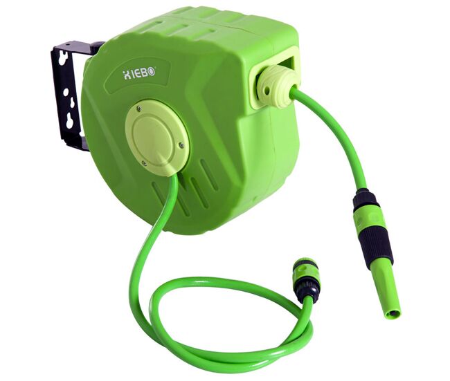 Outsunny carretel para mangueira 10m+1m enrolador de mangueira montado na parede enrolador automático 180o giratório 35,5x11,x5x27,5cm verde