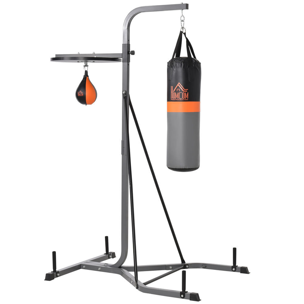 Homcom saco de boxe suspenso com suporte bola de velocidade ajustável em altura de 167-187cm e inflador para treinamento fitness em casa ginásio 115x157x221 cm noir e gris