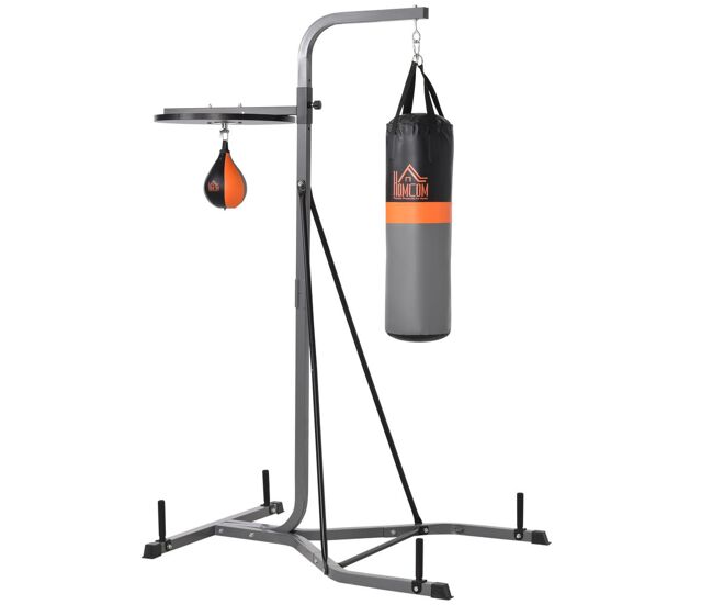Homcom saco de boxe suspenso com suporte bola de velocidade ajustável em altura de 167-187cm e inflador para treinamento fitness em casa ginásio 115x157x221 cm noir e gris