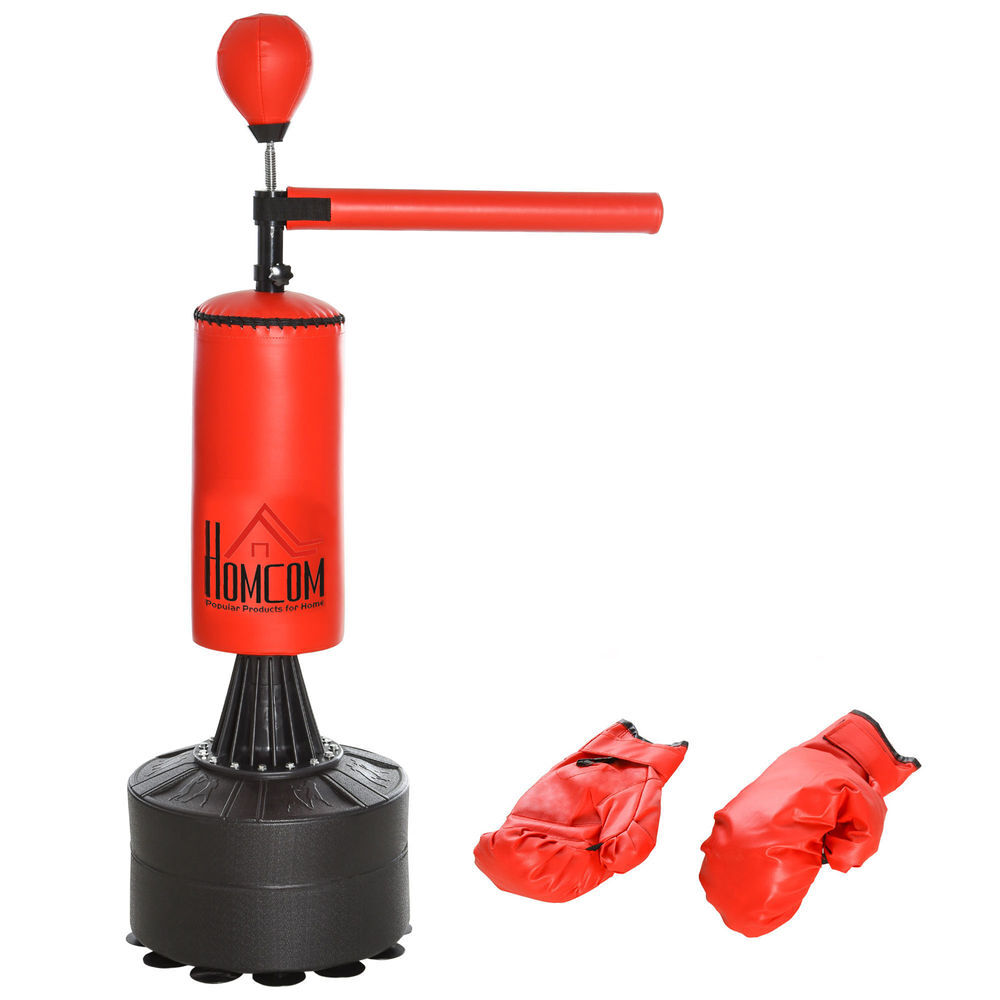 Homcom punching ball de boxe com altura ajustável com barra giratória 360° e base preenchida punching ball para boxe 88x48x155-205 cm preto e vermelho